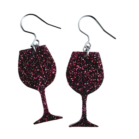 Burgandy Glitter Wine Glass Earrings