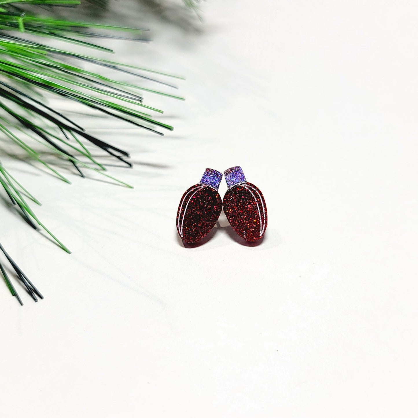 Red Glitter Christmas Lights Stud Earrings